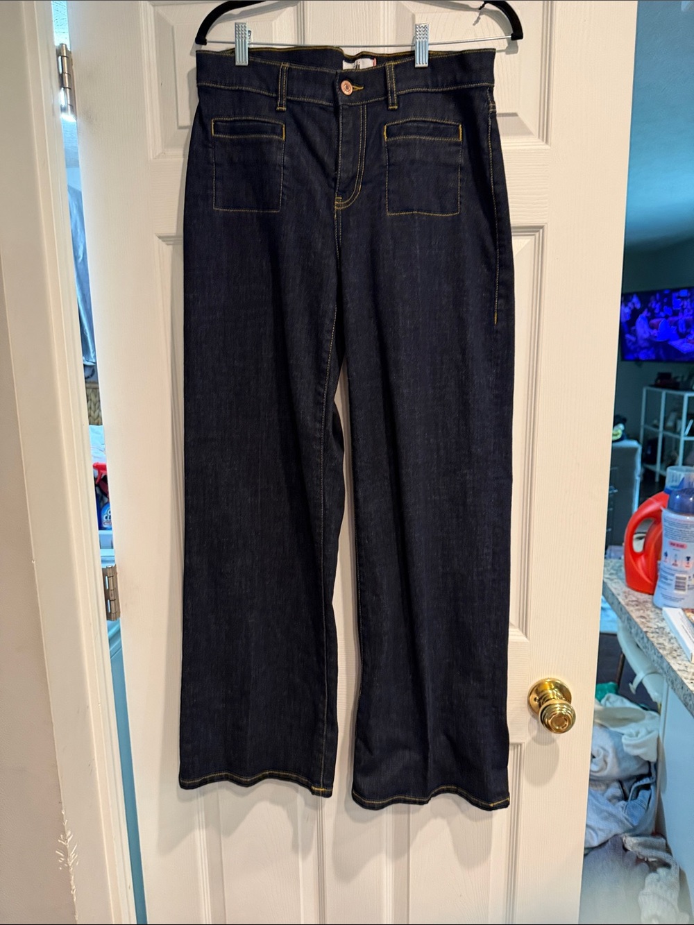CAbi Venice Dark Indigo Wide-Leg Jeans with Contrast Stitching, sz 8, NBW